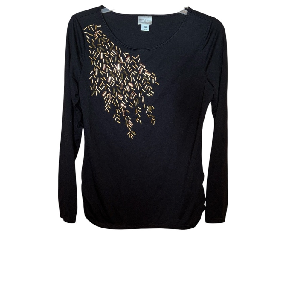 🌞 Jaclyn Smith Black Gold Embellished Long Sleeve Blouse